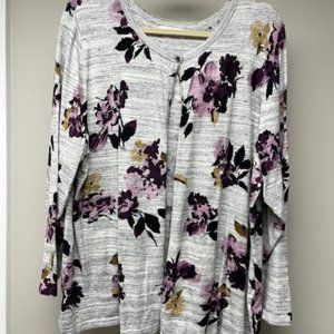 CJ Banks long sleeved cardigan, grey w dark and light purple flowers.  1X-2X.